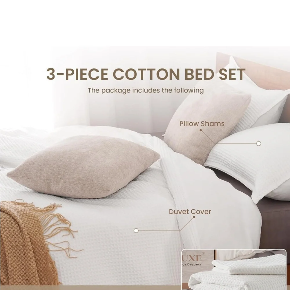 VALUXE Duvet Cover Set Queen 100% Cotton,White Waffle Weave Soft/Breathable 3pc